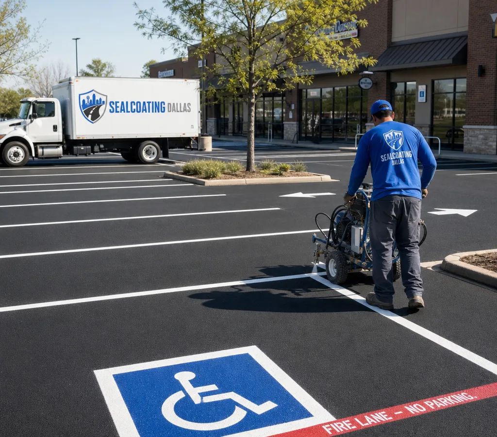 Freshly striped Dallas commercial parking lot with stall lines, directional arrows, accessible spaces, and a marked fire lane