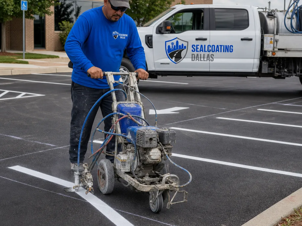 Striping crew applying measured stall lines and directional arrows on a Dallas commercial parking lot