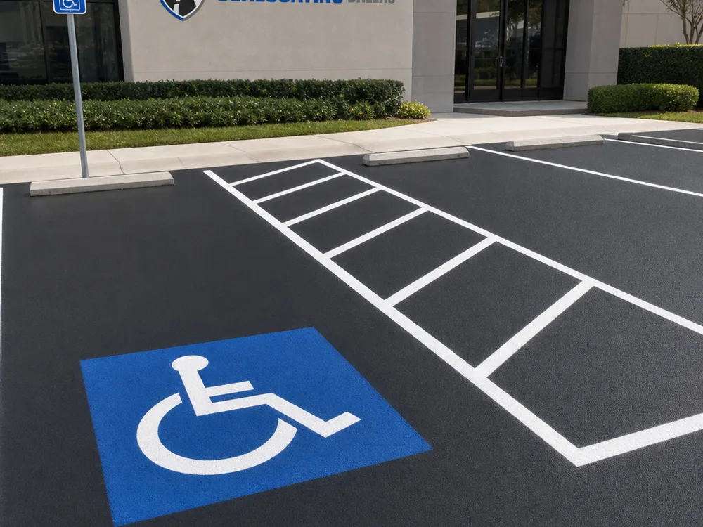 Accessible parking stall with access aisle striping, wheelchair symbol, and adjacent standard stalls