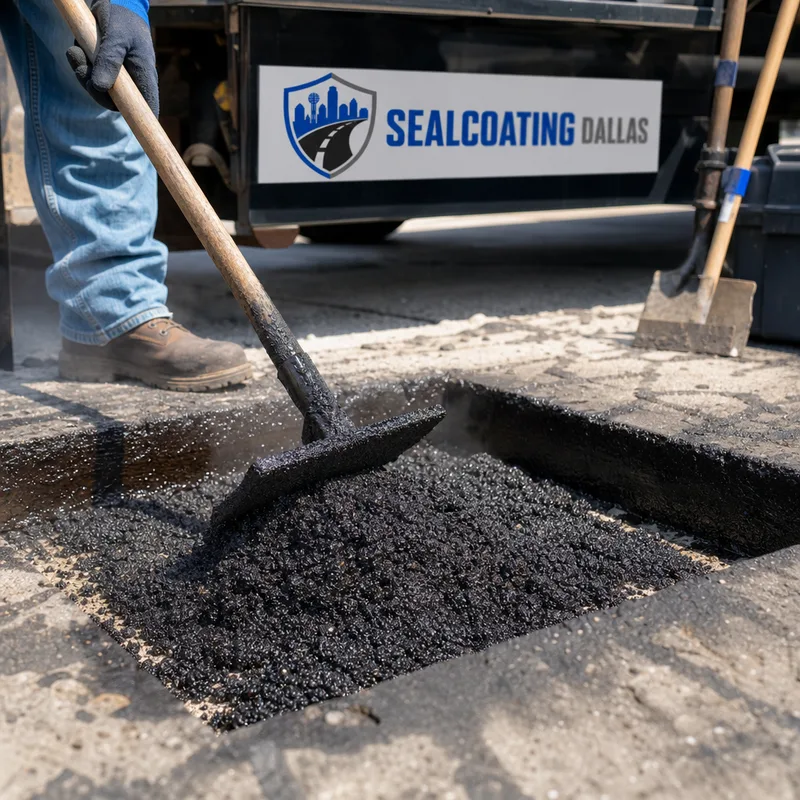 Saw-cut asphalt patch area with clean vertical edges, tack coat, and hot mix ready for compaction