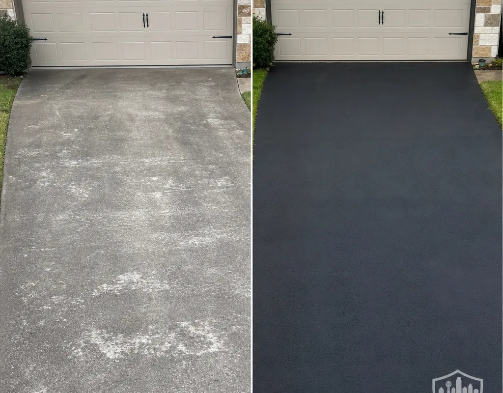 Before-and-after view of an oxidized driveway restored with a uniform dark sealcoat finish