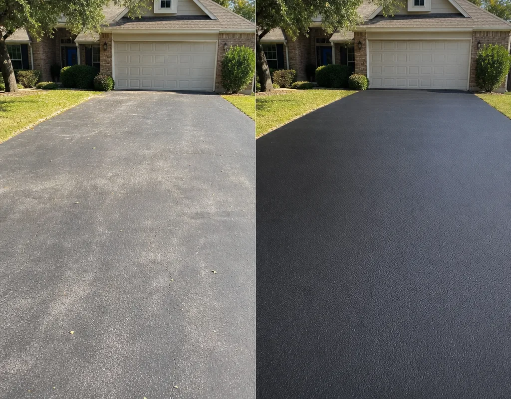 Before-and-after comparison of a faded gray asphalt driveway and its uniform black finish after sealcoating