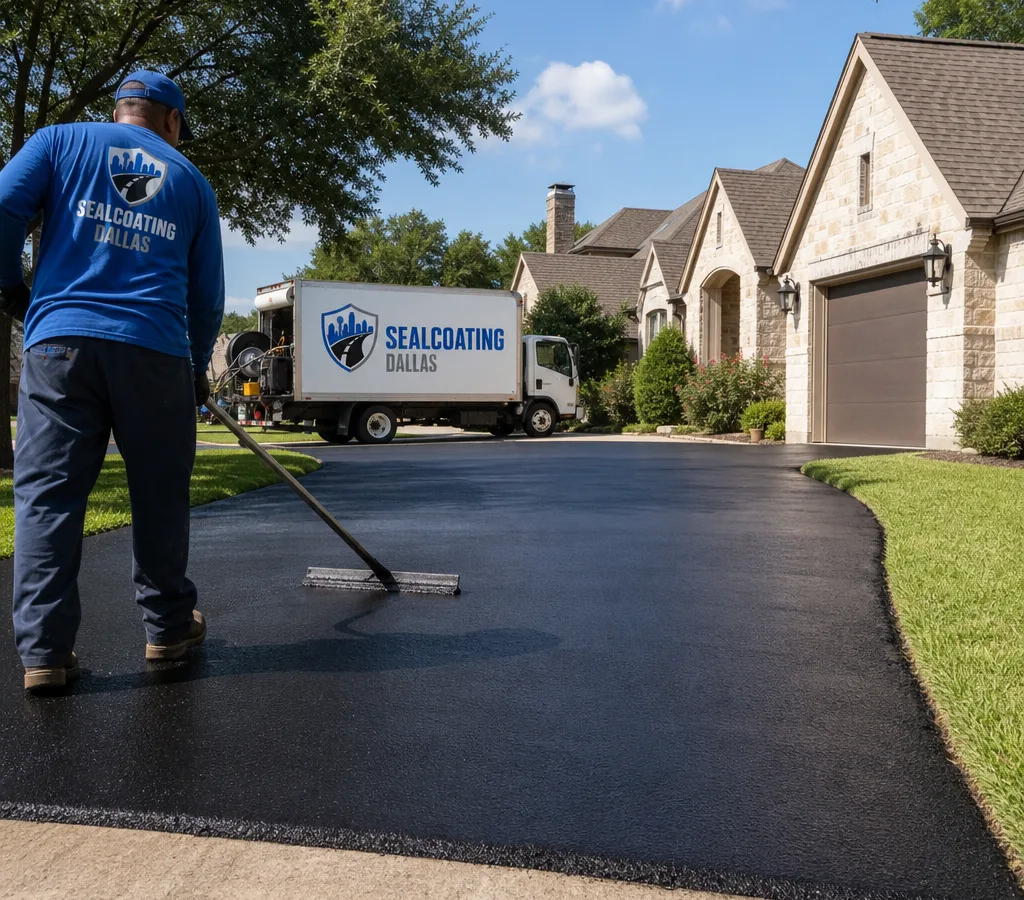 Freshly sealcoated residential driveway in Dallas with crisp lawn edging and a uniform satin-black finish