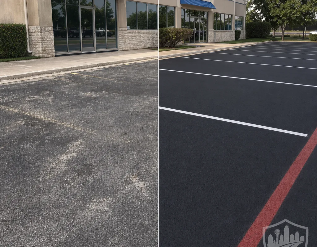 Before and after view of a faded parking area restored with a uniform dark seal coat