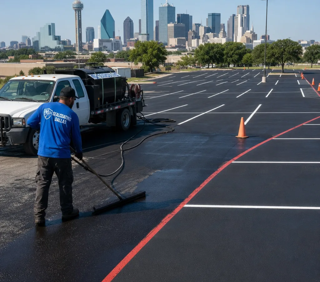 Freshly sealcoated commercial parking lot in Dallas with crisp striping and traffic cones