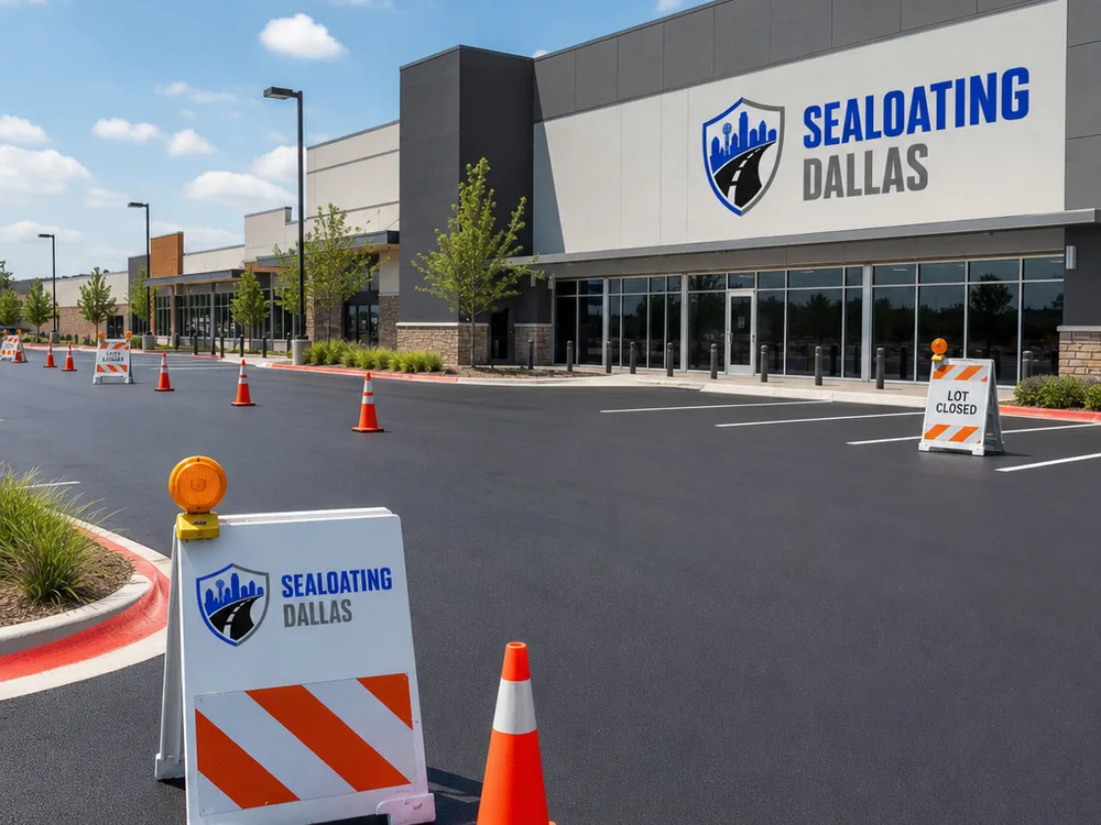 Freshly sealcoated retail parking lot with cones protecting curing sections