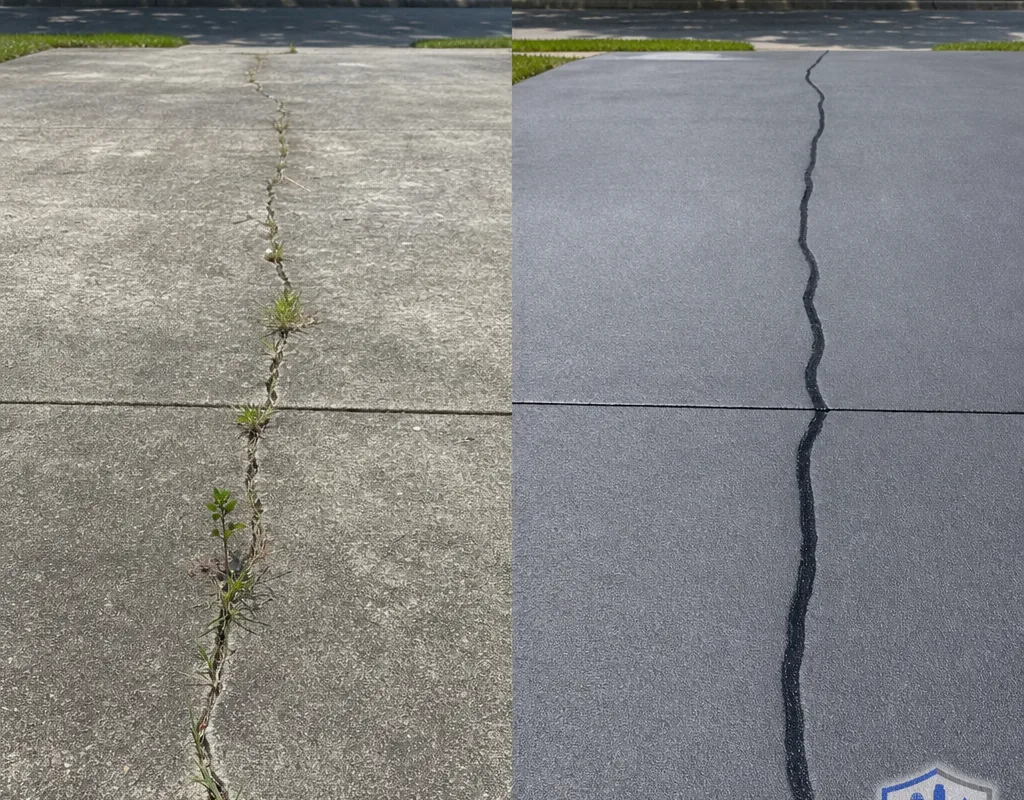 Driveway before and after crack cleaning and sealing with a uniform watertight finish