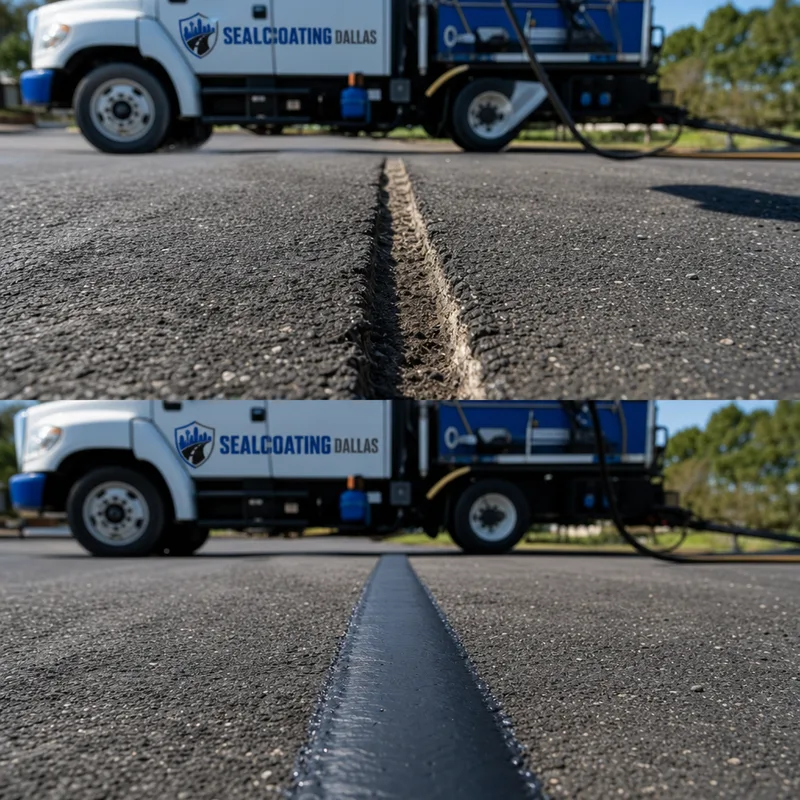 Cleaned asphalt crack with fresh hot rubberized crack sealant tooled smooth