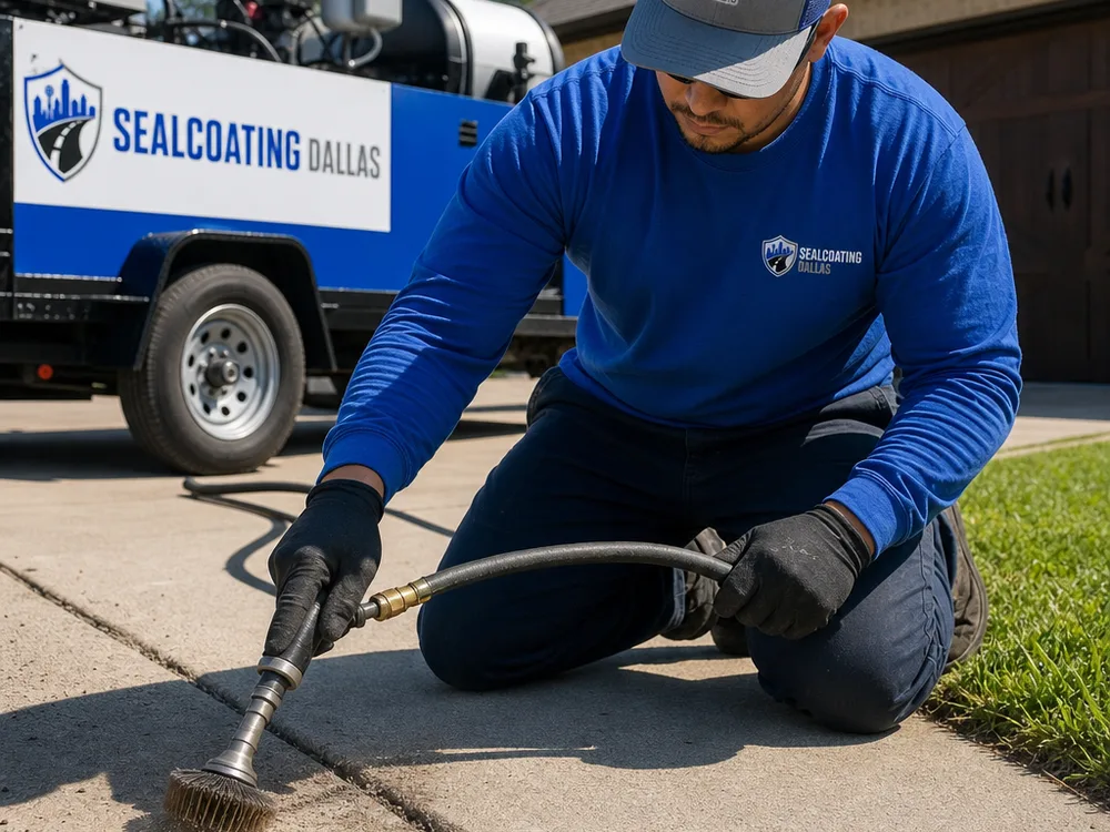 Technician cleaning driveway cracks with a wire brush and high-pressure air before sealing