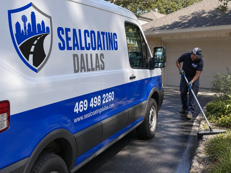 Crew applying sealcoat on a residential driveway with protective cones and careful staging near a garage and walkway